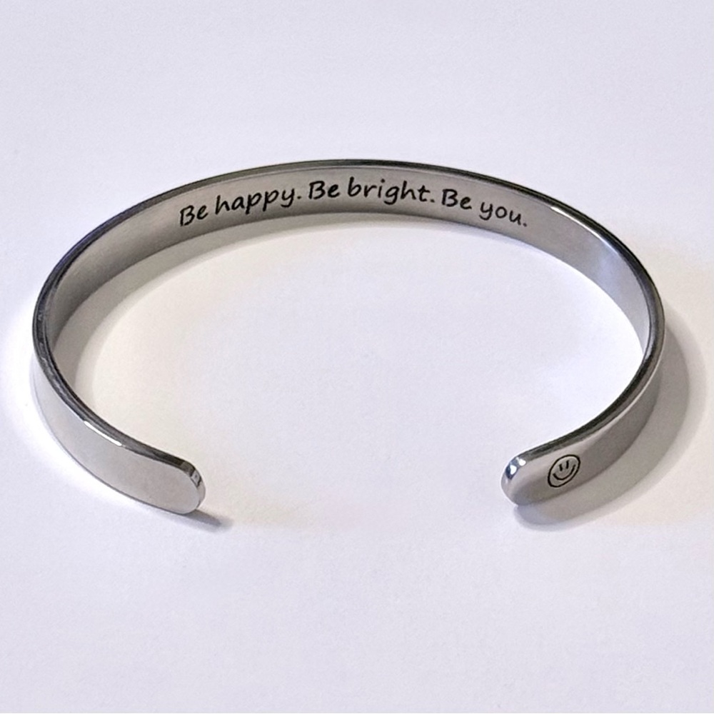 BTYSUN “Be Happy. Be Bright. Be You.” Inspirational Cuff Bracelet – Silver Tone